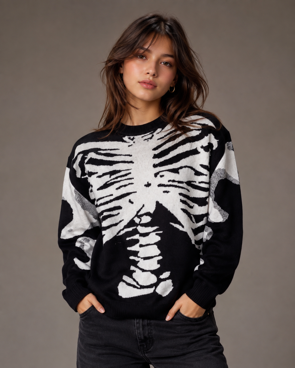  UK HandPicked Black Skeleton Graphic Knit Sweater featuring a bold ribcage design, long sleeves and a stylish monochrome look. Perfect for casual outfits.