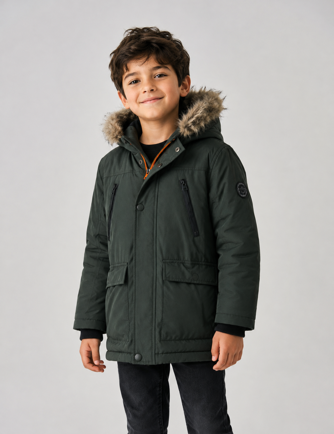 UK HandPicked Boys Olive Green Faux Fur Hooded Winter Parka Jacket. Warm, stylish, and comfortable winter coat for boys aged 8–10 years, featuring a faux fur hood, utility pockets, and premium insulation.