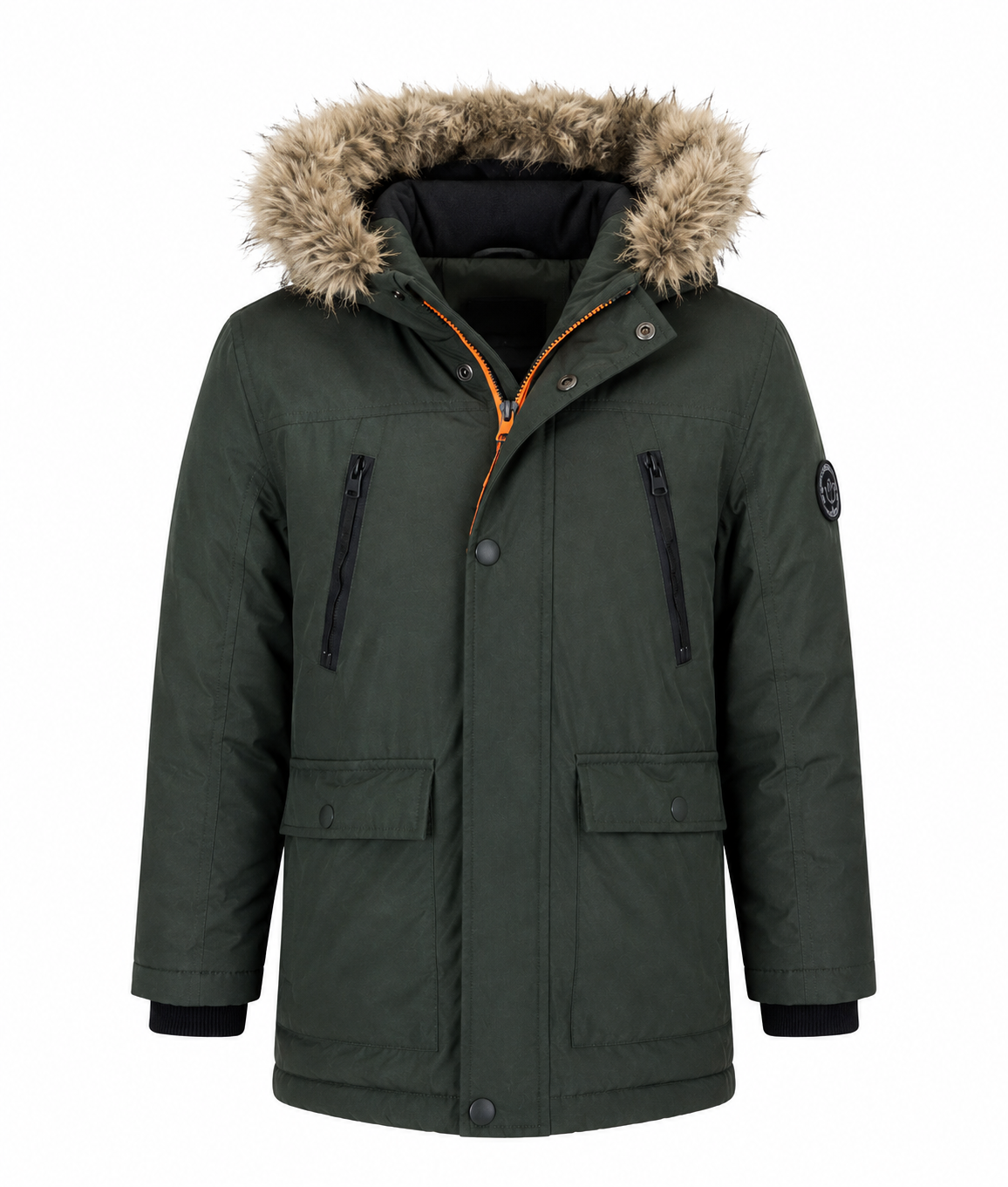  UK HandPicked Boys Olive Green Faux Fur Hooded Winter Parka Jacket. Warm, stylish, and comfortable winter coat for boys aged 8–10 years, featuring a faux fur hood, utility pockets, and premium insulation.