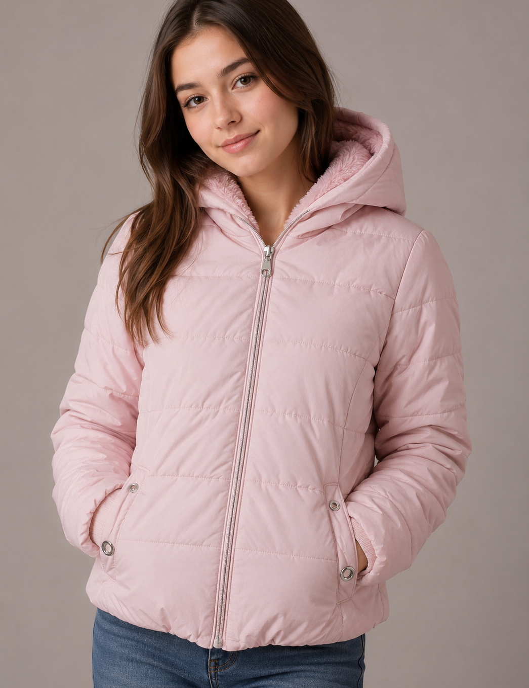 UK HandPicked Girls Light Pink Hooded Puffer Jacket featuring a soft fleece-lined hood, lightweight quilted design, zip closure, and cozy winter warmth. Perfect for everyday wear, school, and outdoor adventures.