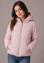 UK HandPicked Girls Light Pink Hooded Puffer Jacket featuring a soft fleece-lined hood, lightweight quilted design, zip closure, and cozy winter warmth. Perfect for everyday wear, school, and outdoor adventures.