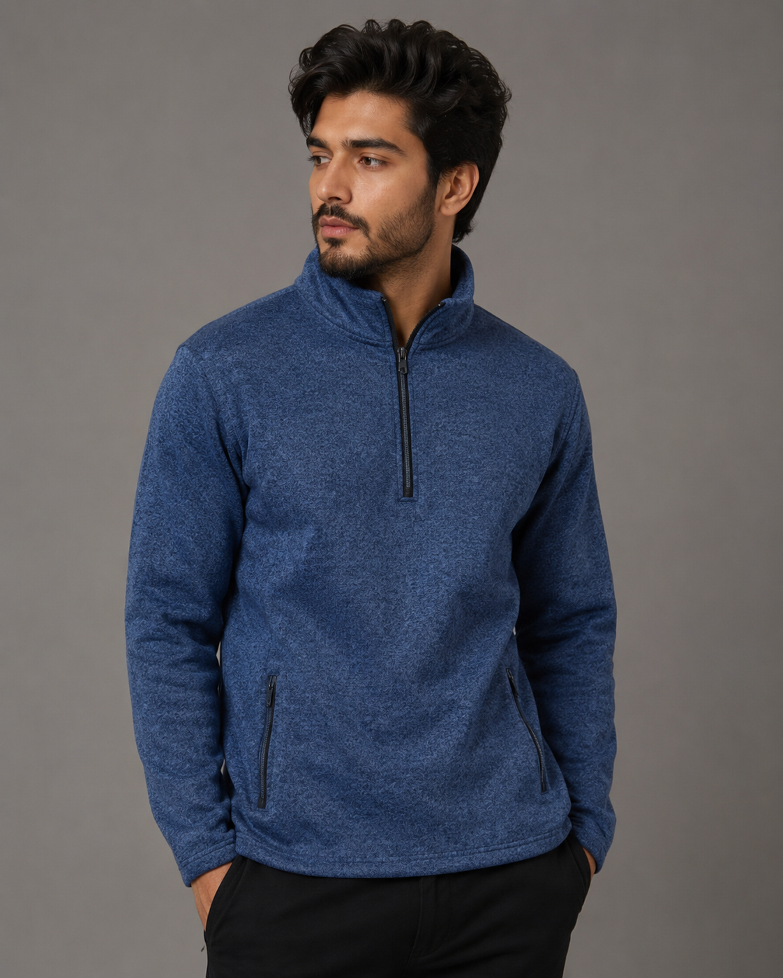  UK HandPicked Men's Blue Quarter Zip Fleece Pullover featuring a soft fleece fabric, high neck, zip pockets, and regular fit. Perfect for casual wear, travel, and winter comfort.
