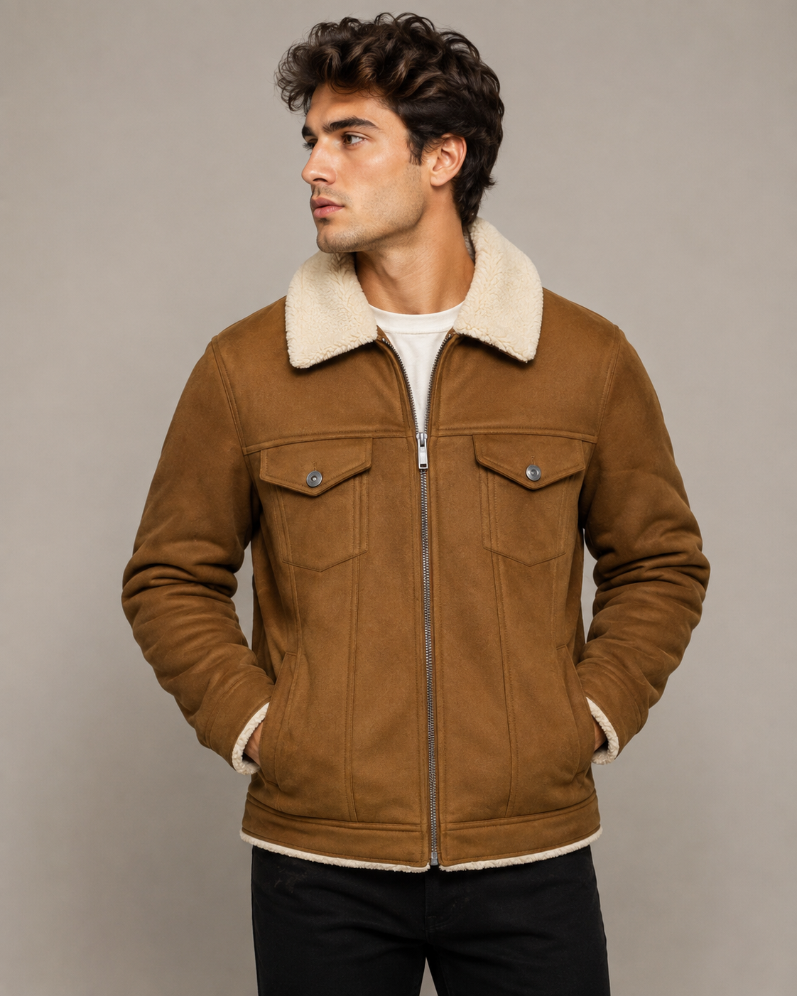  UK HandPicked Men's Brown Faux Suede Shearling Jacket. Soft sherpa lining, zip-up design, classic winter fashion, and everyday comfort.