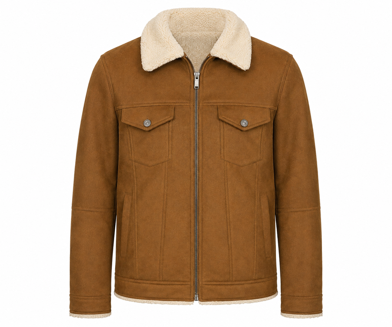 UK HandPicked Men's Brown Faux Suede Shearling Jacket. Soft sherpa lining, zip-up design, classic winter fashion, and everyday comfort.