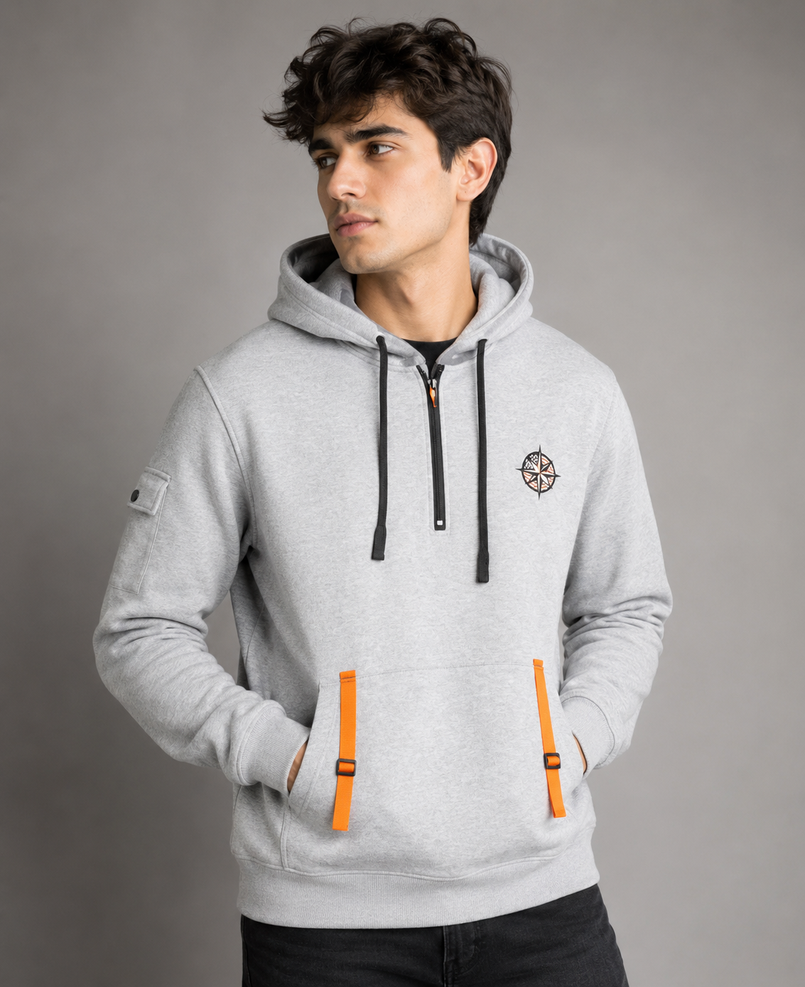  UK HandPicked Men's Grey Half-Zip Hoodie featuring a premium cotton blend, compass logo, orange pocket straps, adjustable hood, and modern streetwear styling. Comfortable, warm, and perfect for everyday casual wear.