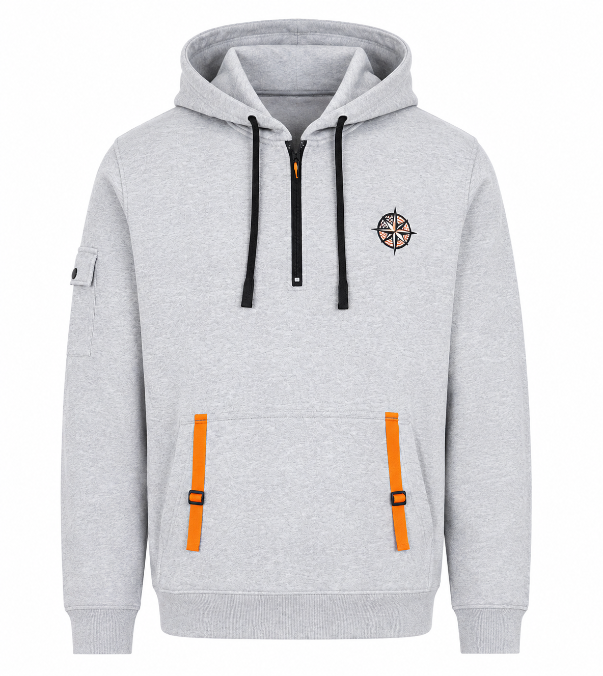  UK HandPicked Men's Grey Half-Zip Hoodie featuring a premium cotton blend, compass logo, orange pocket straps, adjustable hood, and modern streetwear styling. Comfortable, warm, and perfect for everyday casual wear.