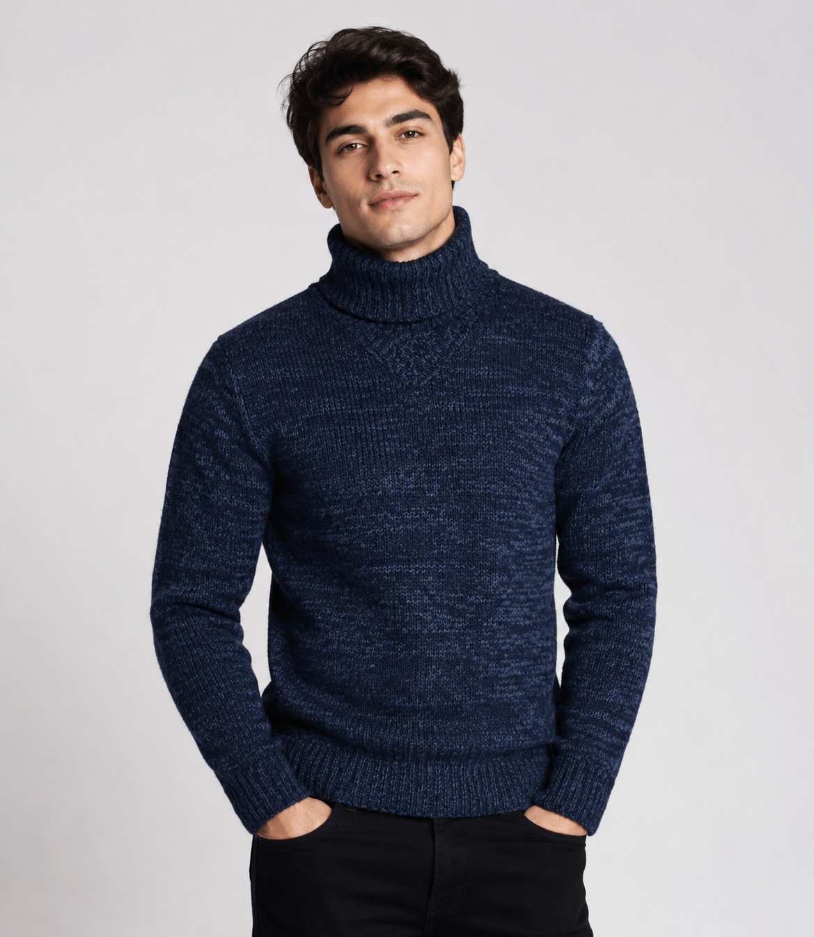  UK HandPicked Men's Navy Blue Turtleneck Knitted Sweater. Soft premium knit fabric, classic roll-neck design, and stylish winter comfort for everyday wear.