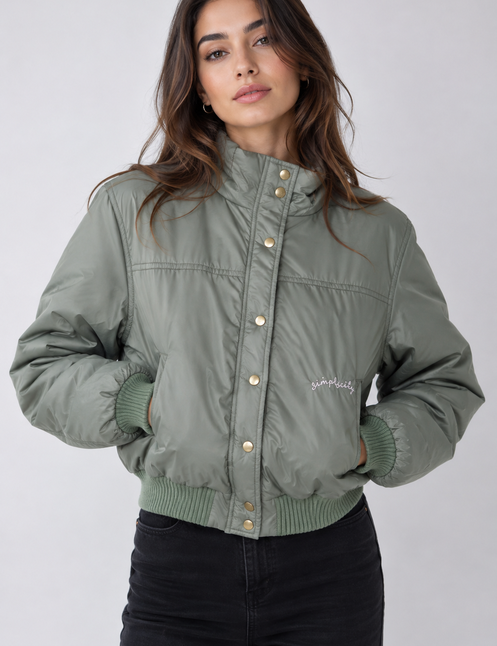 HandPicked Sage Green Quilted Bomber Jacket with a stylish cropped fit, padded design, snap buttons, ribbed trims and versatile everyday appeal.