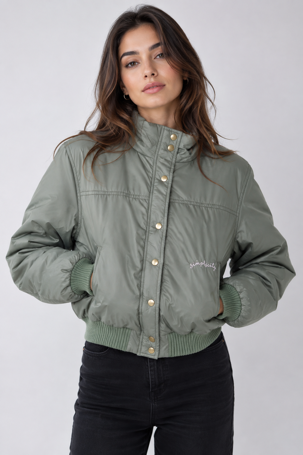 HandPicked Sage Green Quilted Bomber Jacket with a stylish cropped fit, padded design, snap buttons, ribbed trims and versatile everyday appeal.