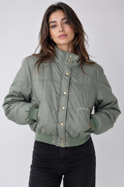 HandPicked Sage Green Quilted Bomber Jacket with a stylish cropped fit, padded design, snap buttons, ribbed trims and versatile everyday appeal.