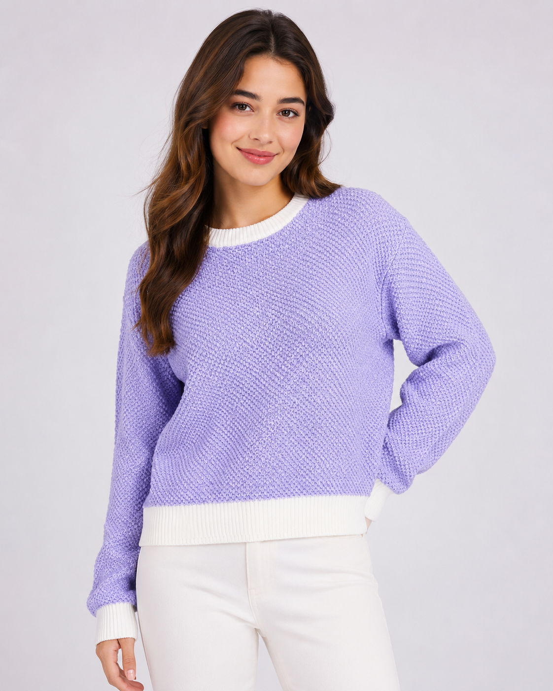  UK HandPicked Women’s Lavender Textured Knit Sweater featuring a soft knit fabric, crew neck design, and relaxed fit. Premium UK fashion with comfort, style, and sustainability.
