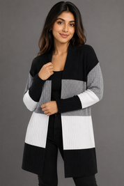 UK HandPicked women's colour block ribbed cardigan in UK Size XL, featuring a stylish black, grey and white design with a comfortable longline fit.