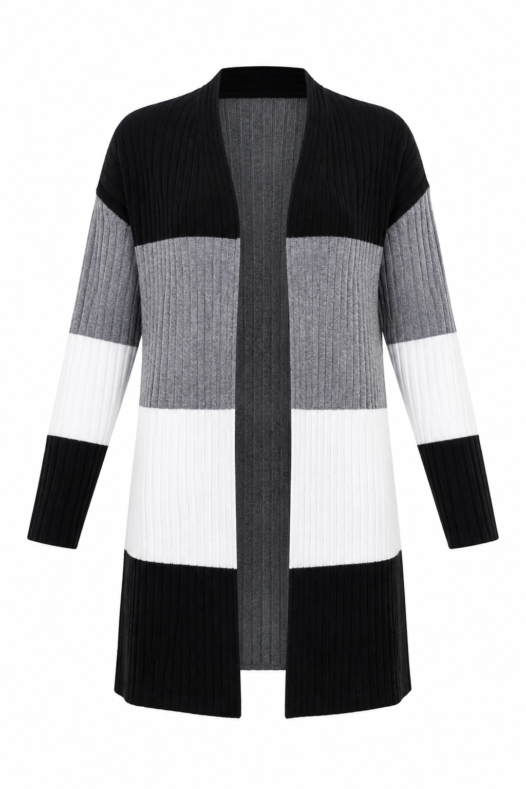UK HandPicked women's colour block ribbed cardigan in UK Size XL, featuring a stylish black, grey and white design with a comfortable longline fit.