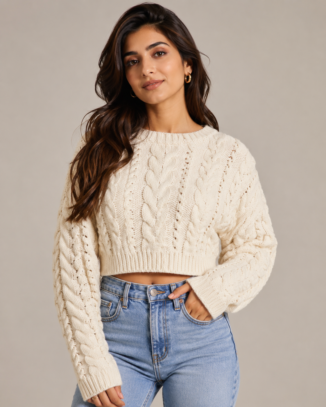 UK HandPicked Women's Cream Cable Knit Cropped Sweater. Soft knit fabric, elegant cable pattern, cozy fit, and perfect for autumn and winter fashion. Premium UK HandPicked clothing.