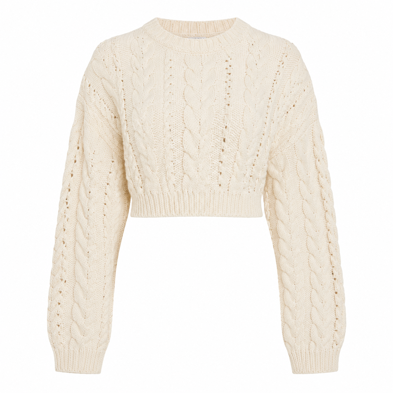 UK HandPicked Women's Cream Cable Knit Cropped Sweater. Soft knit fabric, elegant cable pattern, cozy fit, and perfect for autumn and winter fashion. Premium UK HandPicked clothing.