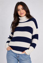  UK HandPicked Women's Cream & Navy Striped Chunky Knit Roll Neck Sweater. Soft oversized knit jumper with a cozy turtleneck, perfect for autumn and winter casual or smart-casual styling.