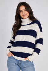 UK HandPicked Women's Cream & Navy Striped Roll Neck Sweater
