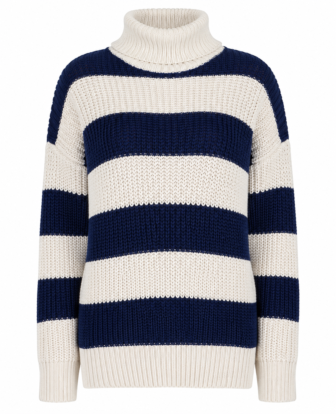  UK HandPicked Women's Cream & Navy Striped Chunky Knit Roll Neck Sweater. Soft oversized knit jumper with a cozy turtleneck, perfect for autumn and winter casual or smart-casual styling.