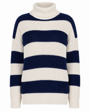  UK HandPicked Women's Cream & Navy Striped Chunky Knit Roll Neck Sweater. Soft oversized knit jumper with a cozy turtleneck, perfect for autumn and winter casual or smart-casual styling.
