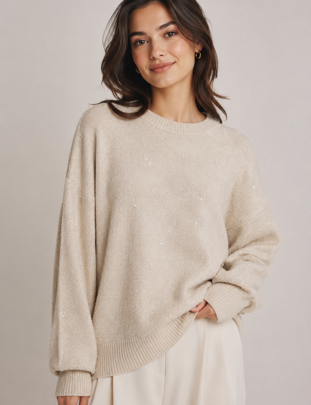  UK HandPicked Women's Cream Sparkle Knit Oversized Sweater. Soft knitted fabric, elegant shimmer finish, relaxed oversized fit, and perfect for casual, office, and winter layering.