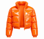  UK HandPicked Women's Glossy Orange Cropped Puffer Jacket. Lightweight, warm, and stylish with a trendy cropped fit, glossy finish, and premium comfort. Perfect for autumn and winter fashion.
