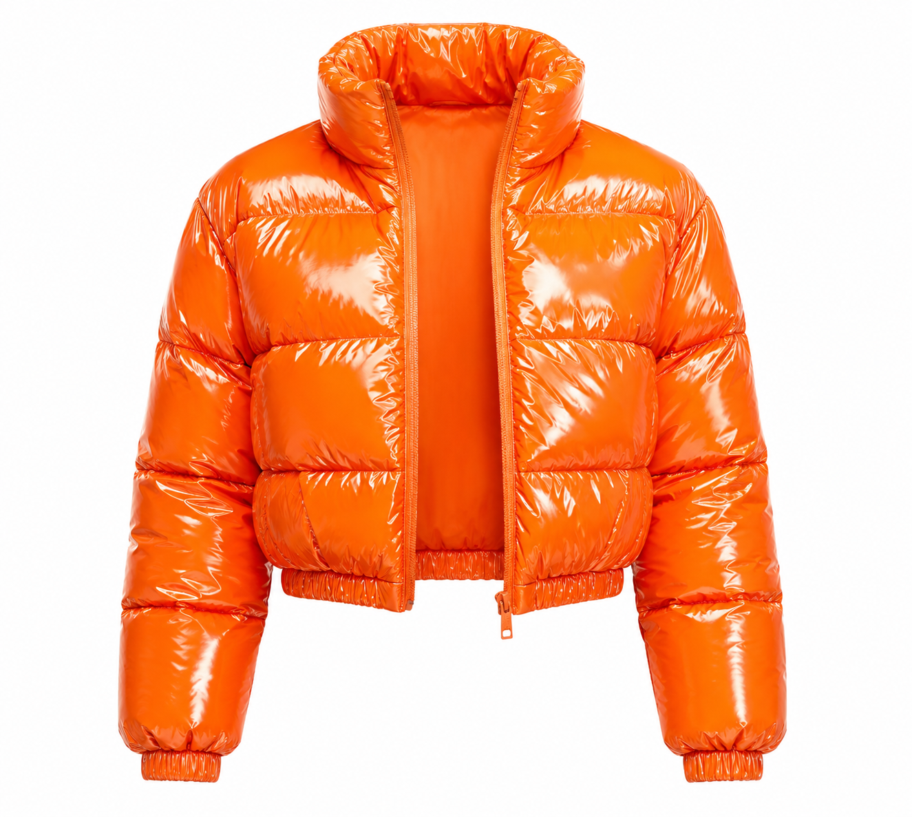 UK HandPicked Women's Glossy Orange Cropped Puffer Jacket. Lightweight, warm, and stylish with a trendy cropped fit, glossy finish, and premium comfort. Perfect for autumn and winter fashion.