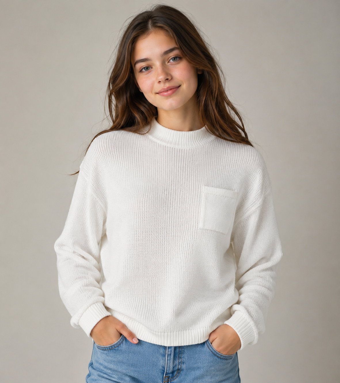 UK HandPicked Women's White Mock Neck Knit Sweater featuring a soft knit fabric, chest pocket, and relaxed fit. A stylish casual jumper perfect for everyday wear.