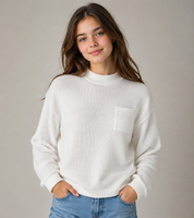 UK HandPicked Women's White Mock Neck Knit Sweater featuring a soft knit fabric, chest pocket, and relaxed fit. A stylish casual jumper perfect for everyday wear.