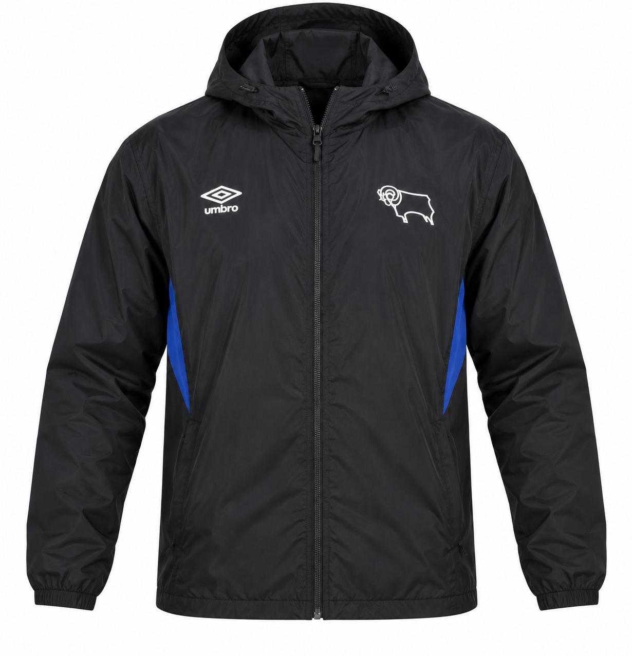 UMBRO Men’s Black Hooded Windbreaker Jacket in UK Size L. Lightweight full-zip sports jacket with blue detailing. 4-star condition.