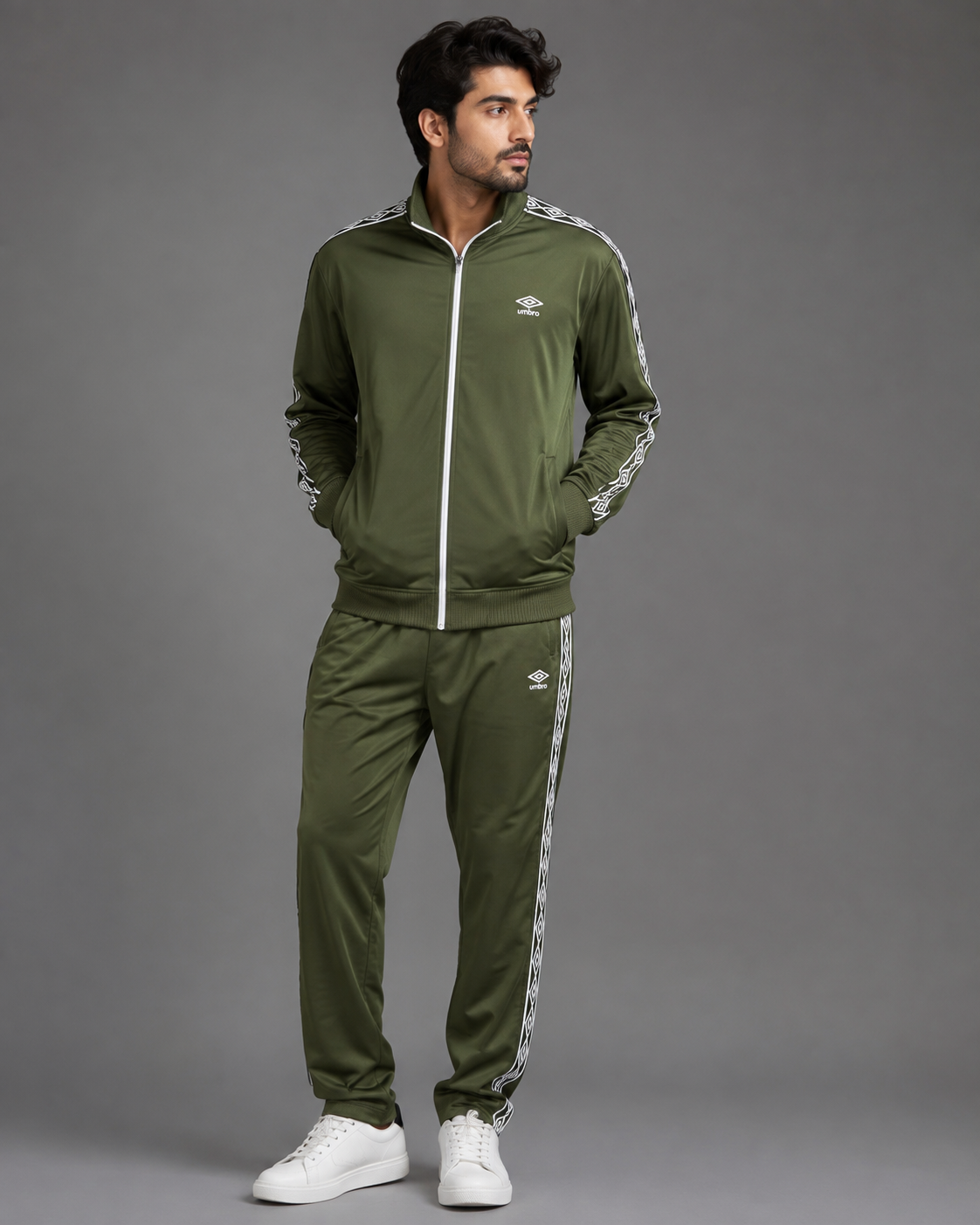 UMBRO Men’s Olive Green Tracksuit Set featuring retro diamond side stripes, matching jacket and trousers, and iconic UMBRO branding. Stylish sportswear for casual and activewear.