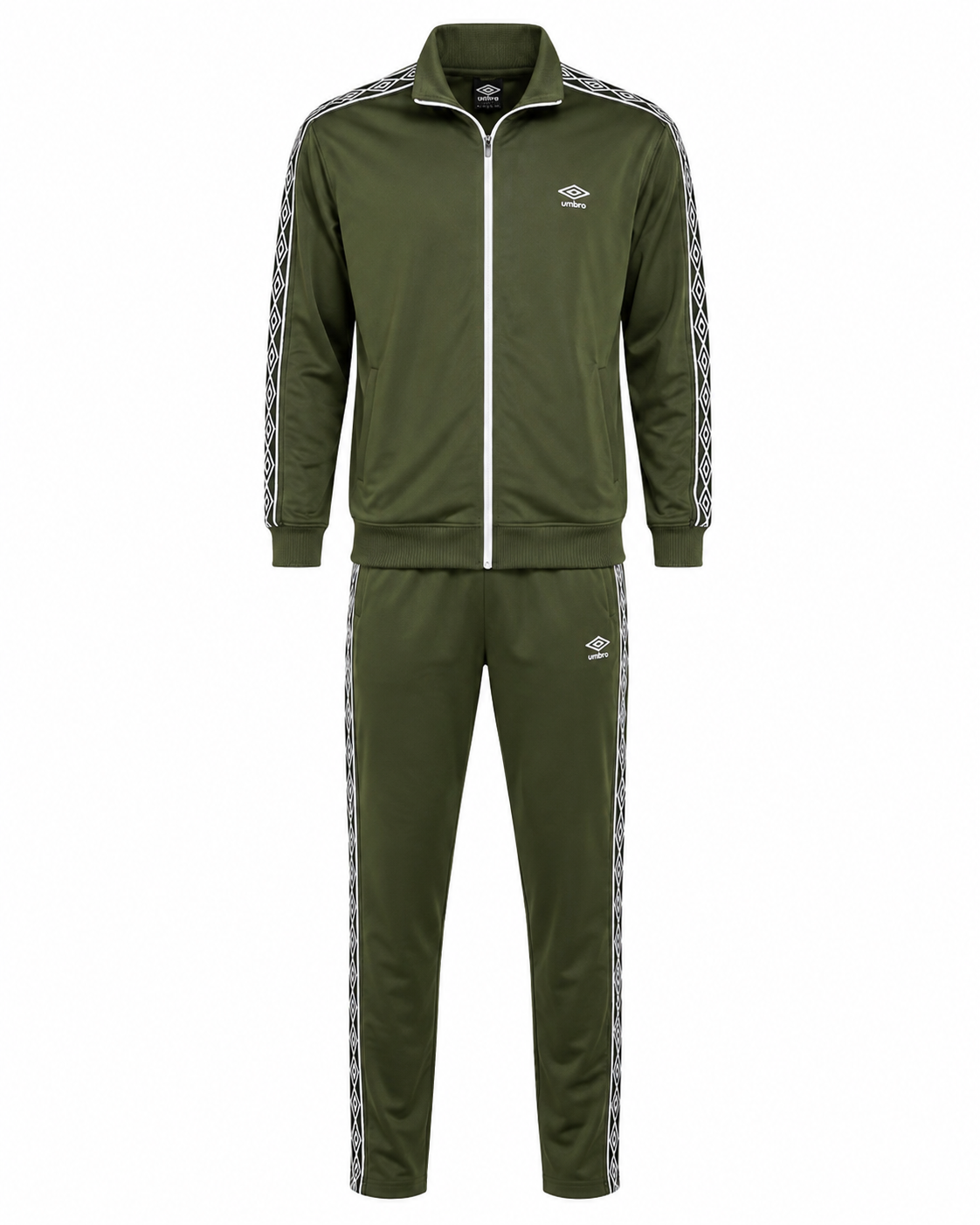 UMBRO Men’s Olive Green Tracksuit Set featuring retro diamond side stripes, matching jacket and trousers, and iconic UMBRO branding. Stylish sportswear for casual and activewear.
