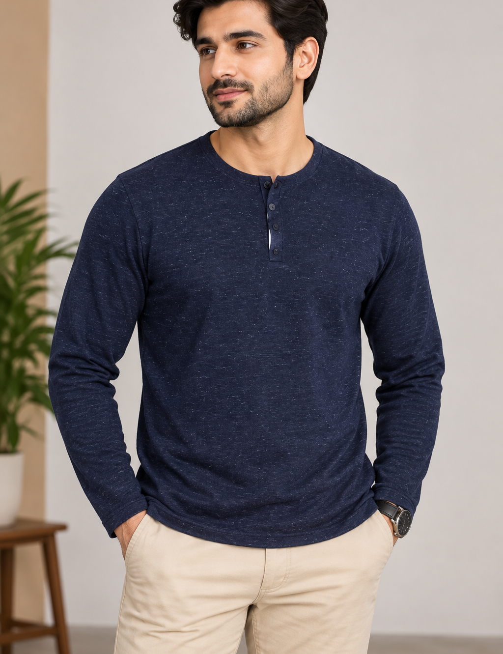  Union Men’s Navy Blue Long Sleeve Henley Shirt in UK Size L. Stylish button-neck design, comfortable fit and versatile everyday wear.