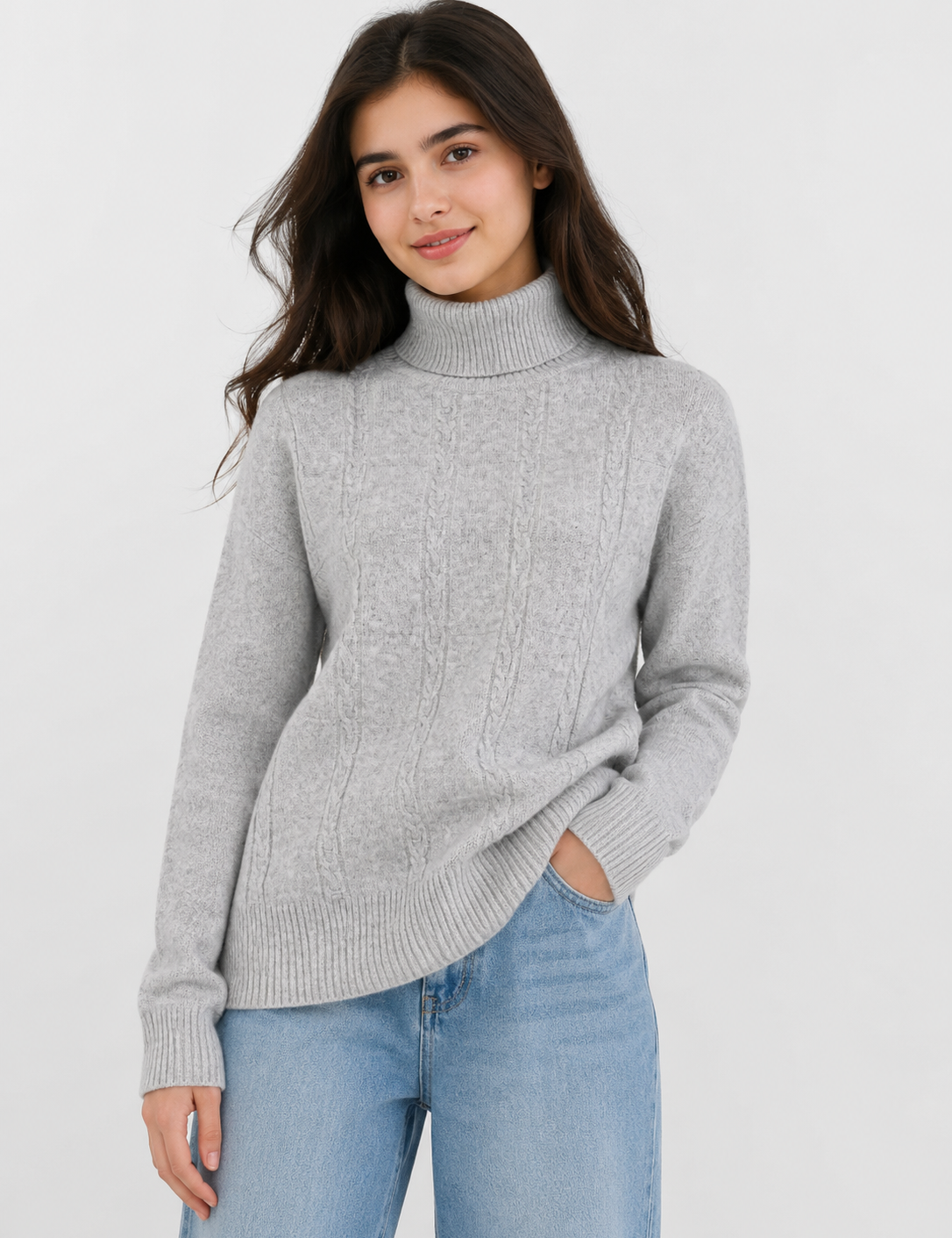  Universal Traveller girls’ light grey cable knit turtleneck jumper in UK size M. Stylish long-sleeve knitwear with ribbed details, perfect for winter.