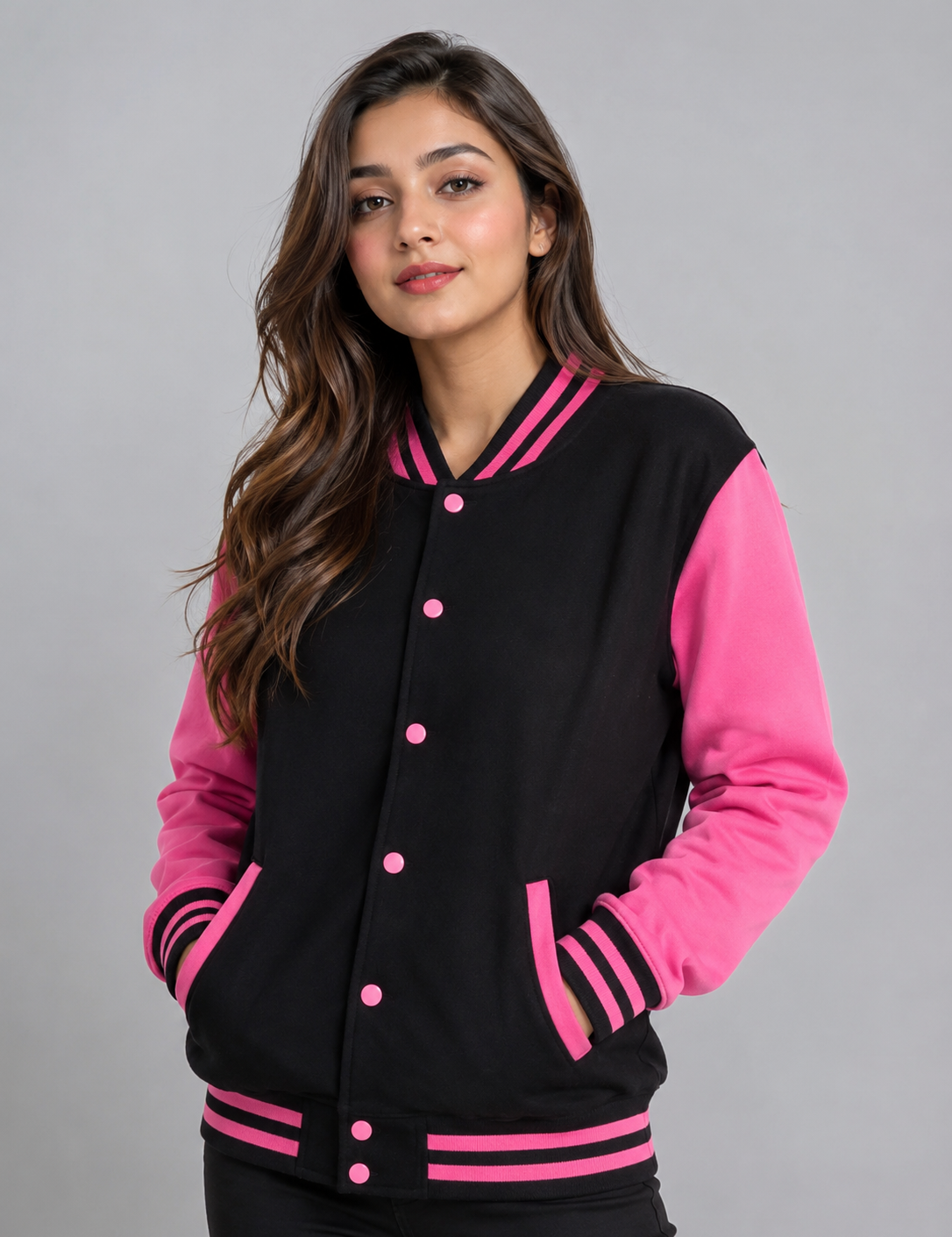  Urban Classic Women's Black & Pink Varsity Bomber Jacket. Premium quality letterman jacket featuring a stylish black body, pink sleeves, snap-button closure, ribbed trims, and comfortable everyday fit.