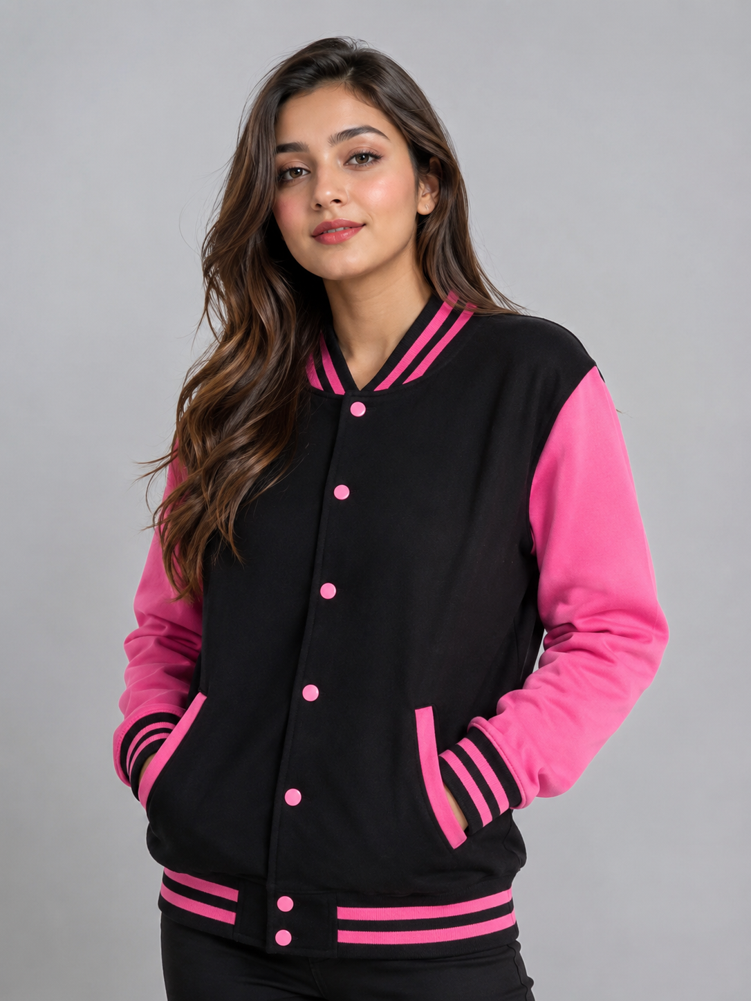  Urban Classic Women's Black & Pink Varsity Bomber Jacket. Premium quality letterman jacket featuring a stylish black body, pink sleeves, snap-button closure, ribbed trims, and comfortable everyday fit.