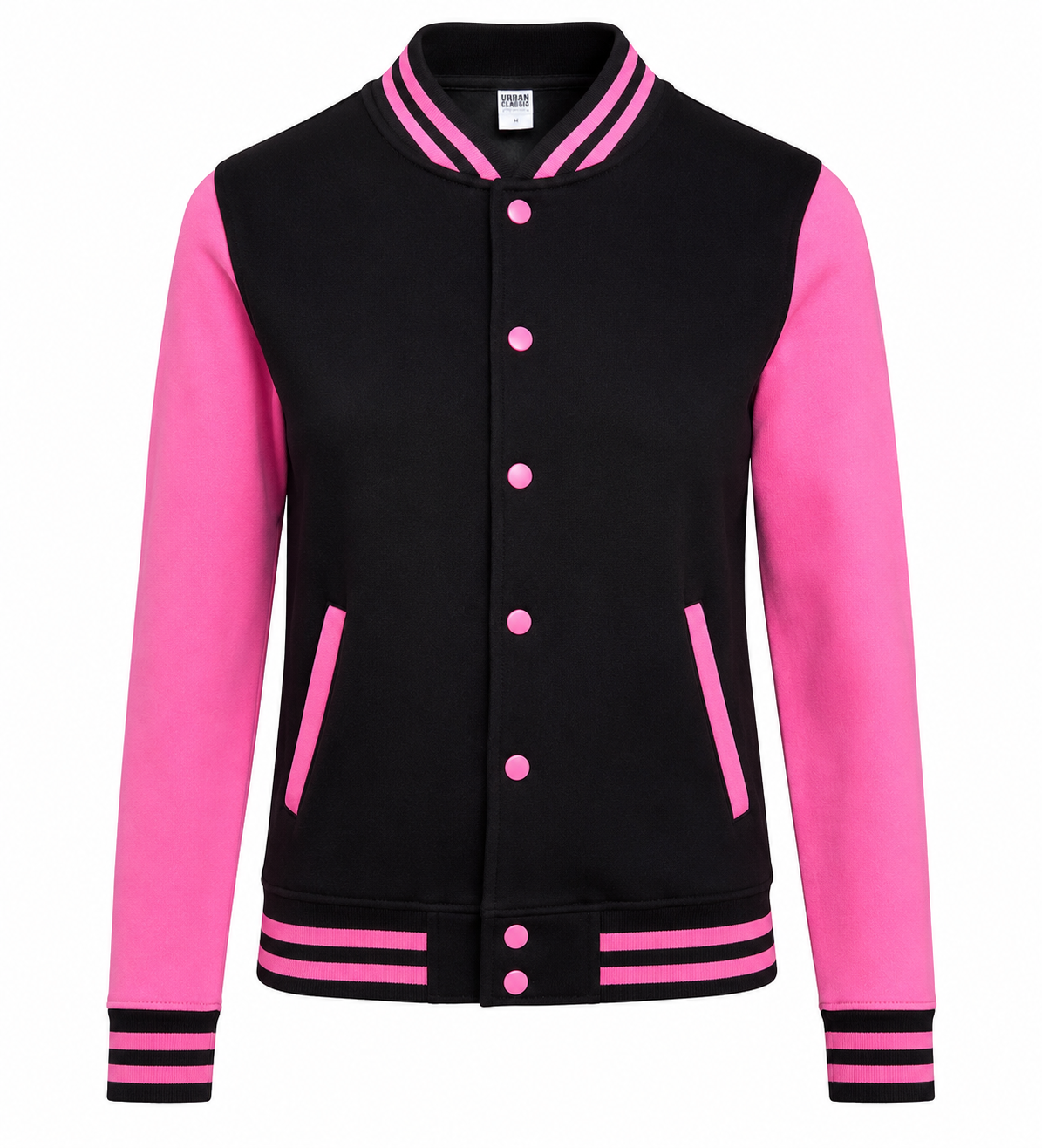  Urban Classic Women's Black & Pink Varsity Bomber Jacket. Premium quality letterman jacket featuring a stylish black body, pink sleeves, snap-button closure, ribbed trims, and comfortable everyday fit.
