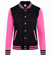  Urban Classic Women's Black & Pink Varsity Bomber Jacket. Premium quality letterman jacket featuring a stylish black body, pink sleeves, snap-button closure, ribbed trims, and comfortable everyday fit.
