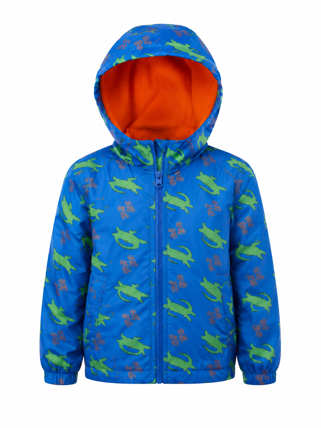 A blue hooded zip-up jacket with an allover print of green alligators and orange flower motifs, featuring a bright orange hood lining, shown against a plain white background.