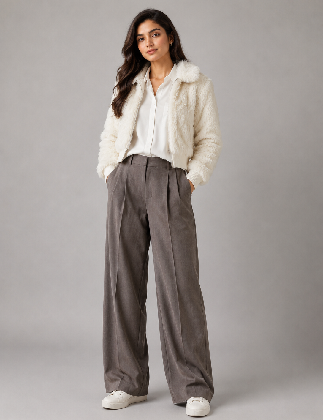 Urban Landscape Women's Cream Faux Fur Cropped Jacket featuring a soft plush finish, full zip closure, ribbed cuffs, and stylish cropped fit. Perfect for winter fashion, casual wear, and layering.