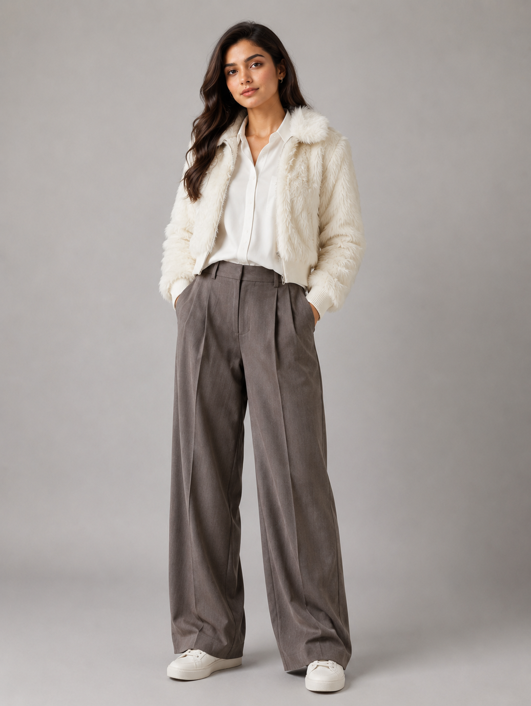 Urban Landscape Women's Cream Faux Fur Cropped Jacket featuring a soft plush finish, full zip closure, ribbed cuffs, and stylish cropped fit. Perfect for winter fashion, casual wear, and layering.