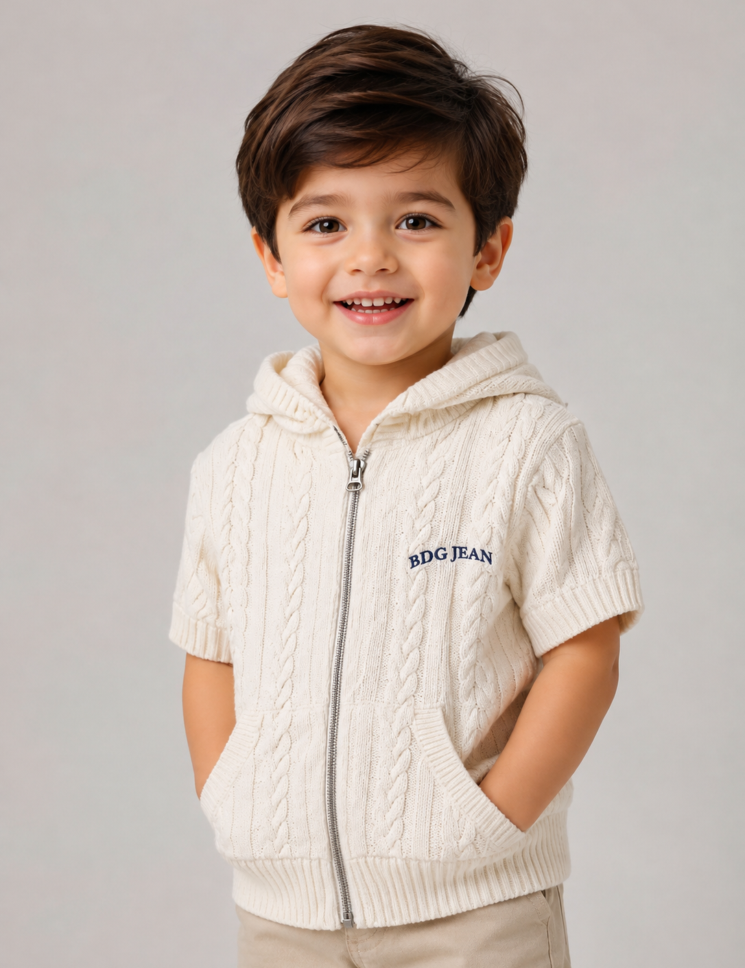  Urban Outfitters boys cream cable knit hooded jumper in UK size 3-4 years. Stylish zip-up design with pockets, short sleeves and cosy knit texture.