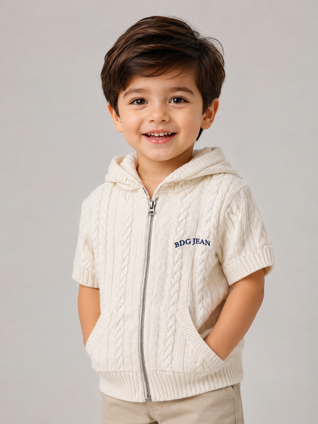  Urban Outfitters boys cream cable knit hooded jumper in UK size 3-4 years. Stylish zip-up design with pockets, short sleeves and cosy knit texture.
