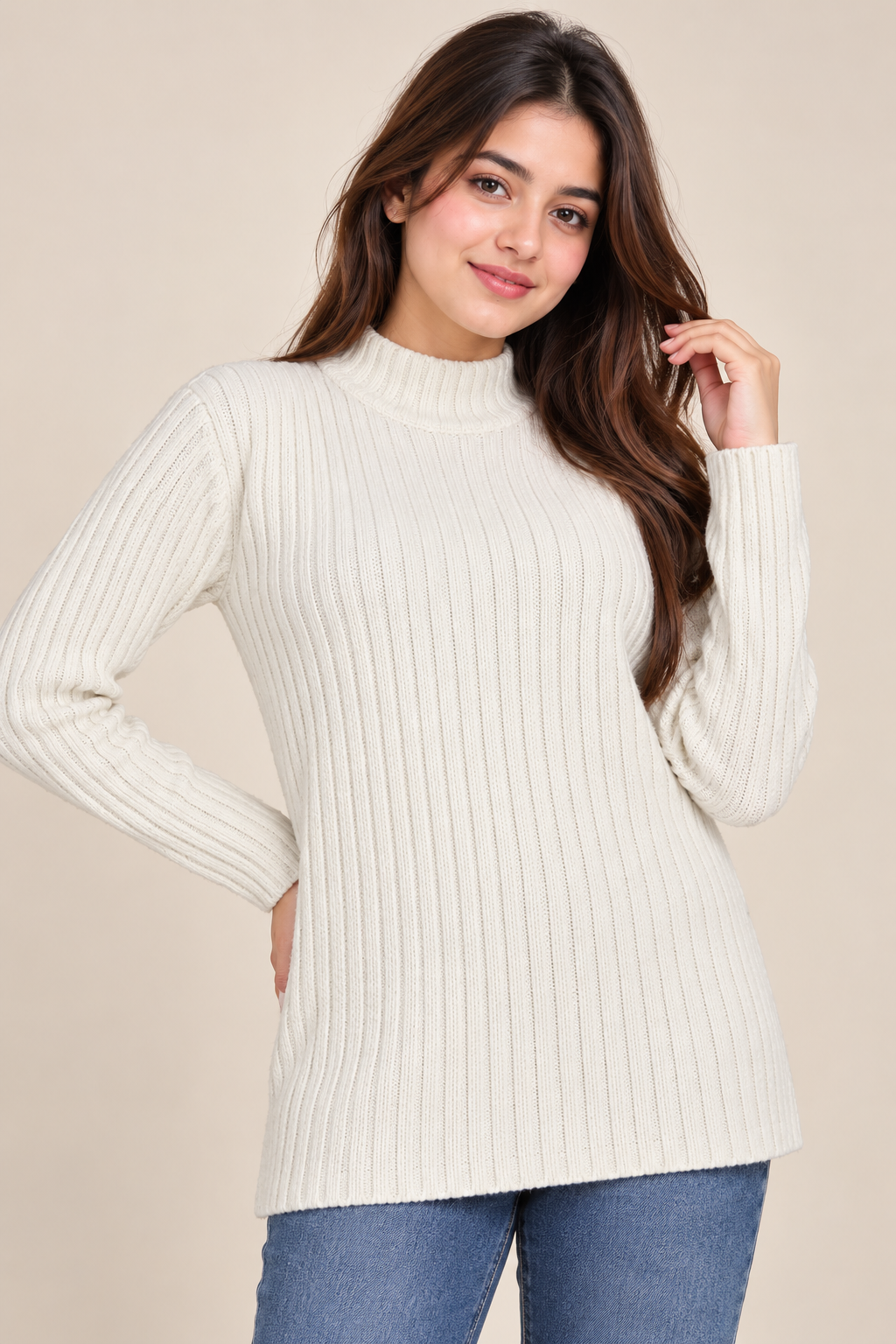 URBAN SPIRIT women’s cream ribbed high neck knit sweater in UK Size M. A cozy long-sleeve knit ideal for stylish autumn and winter outfits.