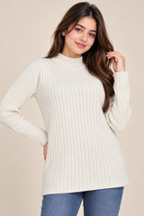 URBAN SPIRIT Women Cream Ribbed High Neck Knit Sweater