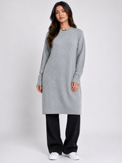 VERO MODA grey knit sweater dress in UK Size L. Knee-length relaxed fit with long sleeves, crew neck and ribbed detailing. Perfect for stylish everyday wear.