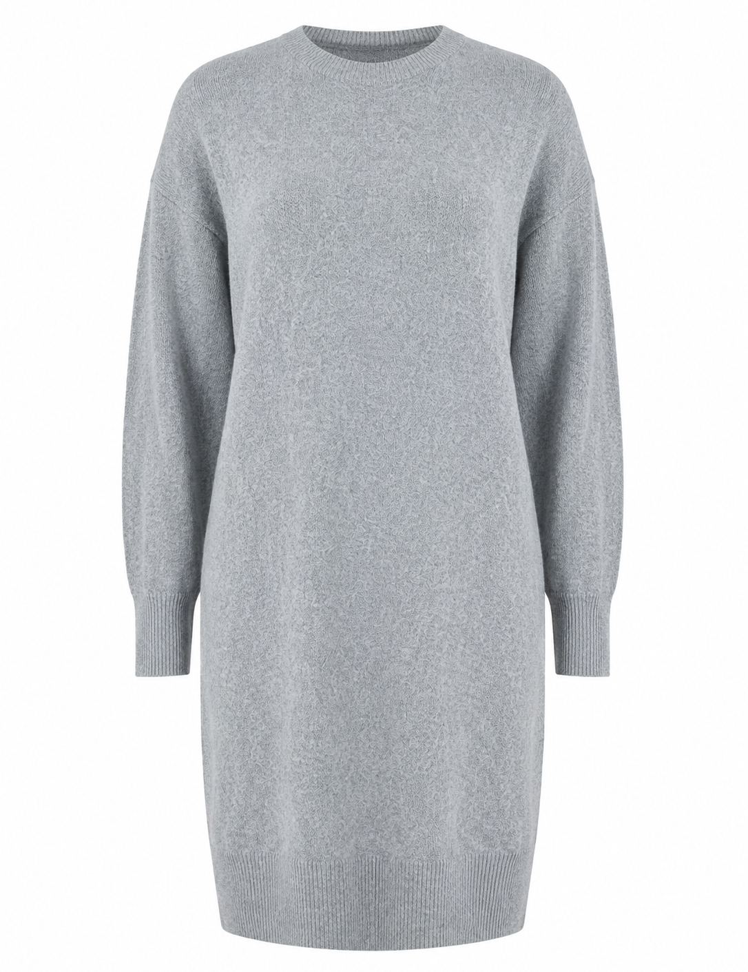 VERO MODA grey knit sweater dress in UK Size L. Knee-length relaxed fit with long sleeves, crew neck and ribbed detailing. Perfect for stylish everyday wear.