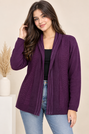 VIDA VI women’s purple open-front knit cardigan in UK Size S/M. Stylish textured design, long sleeves and comfortable fit. Original UK branded clothing.