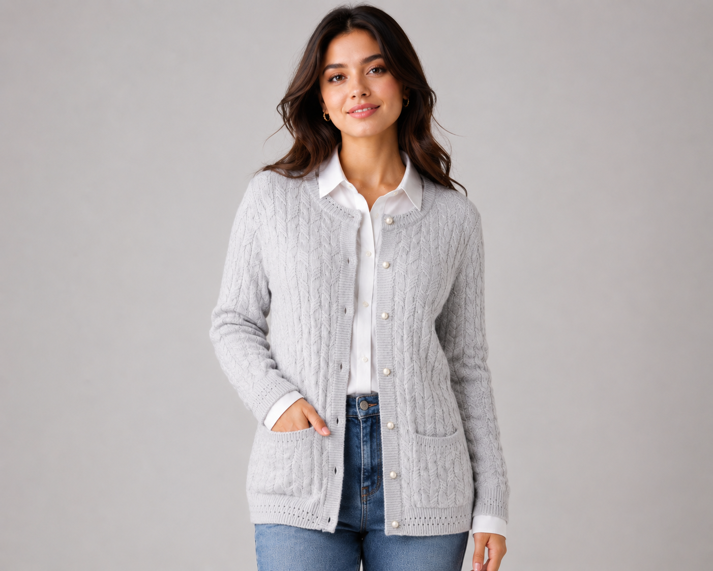  Vida Vi women's light grey cable knit sweater in UK size 14. Classic button-front design with long sleeves and pockets, perfect for casual styling.