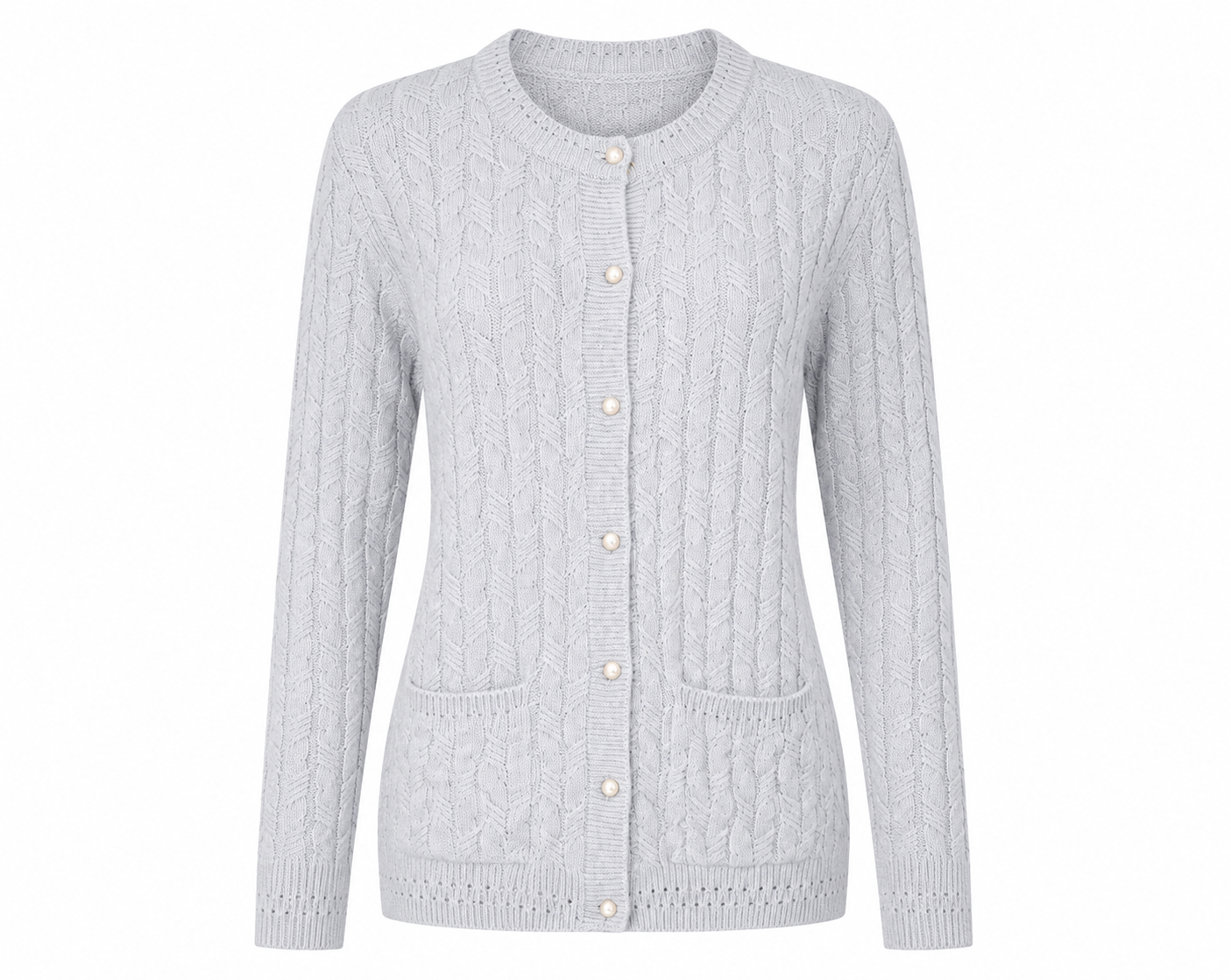  Vida Vi women's light grey cable knit sweater in UK size 14. Classic button-front design with long sleeves and pockets, perfect for casual styling.