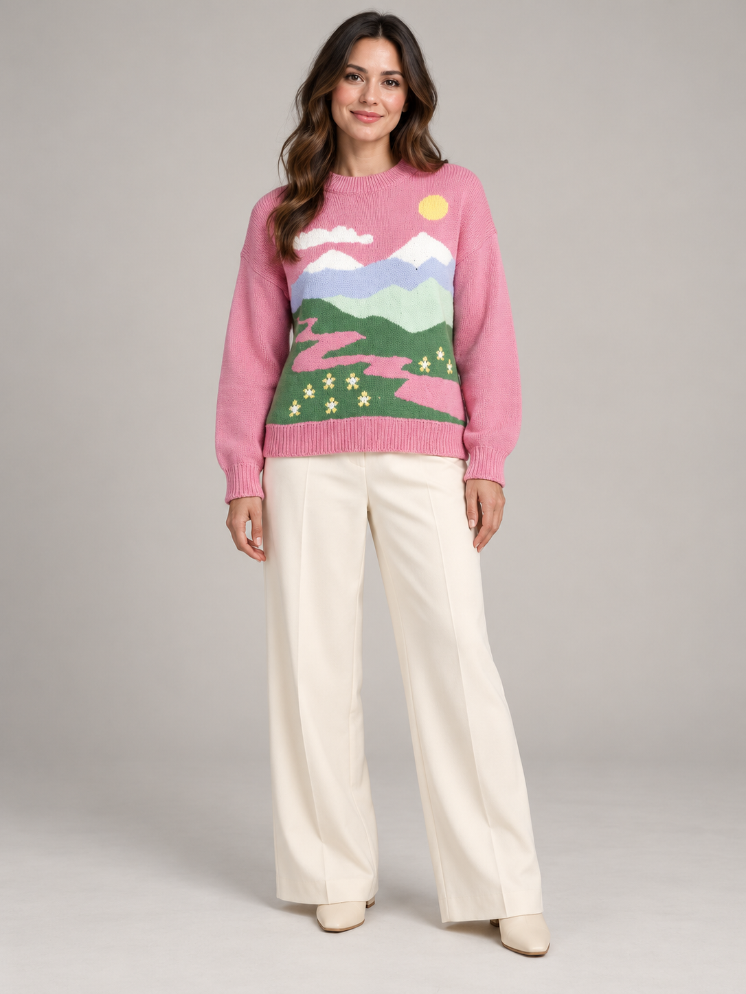   Vintage Supply women’s pink landscape knit jumper in UK size S, featuring a colourful mountain design, long sleeves and ribbed trims.
